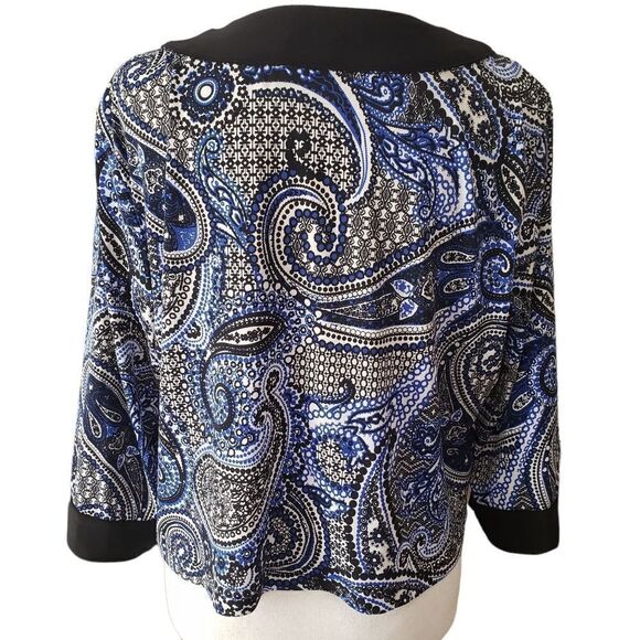 R&K Black Blue Paisley Print Open Cropped Jacket Sz L - Picture 5 of 13